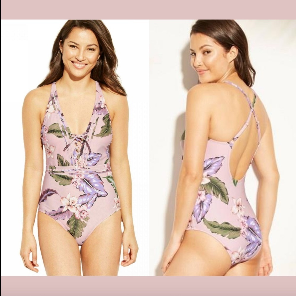 NWT $40 Kona Sol Lace-Up One-Piece Floral Swimsuit [ SZ‎ Small ] #3346